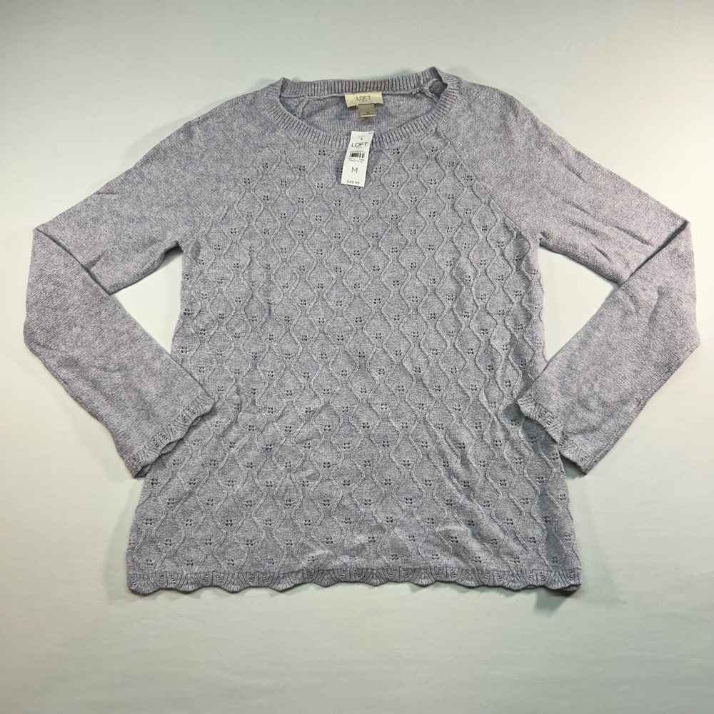 Loft Outlet‎ Women Lavender Pointelle Knit Scallop Hem Raglan Sweater M NEW